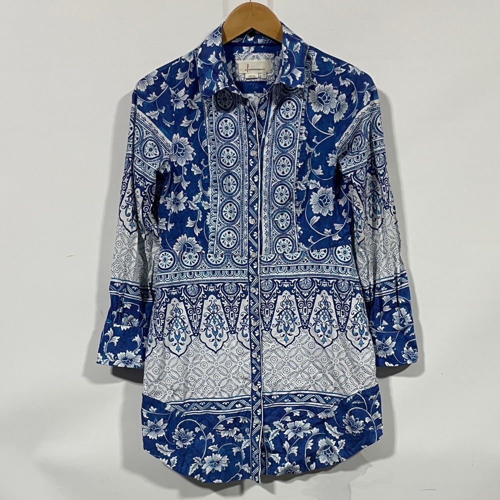 Anthropologie Blue and White Long Sleeve Printed Dress